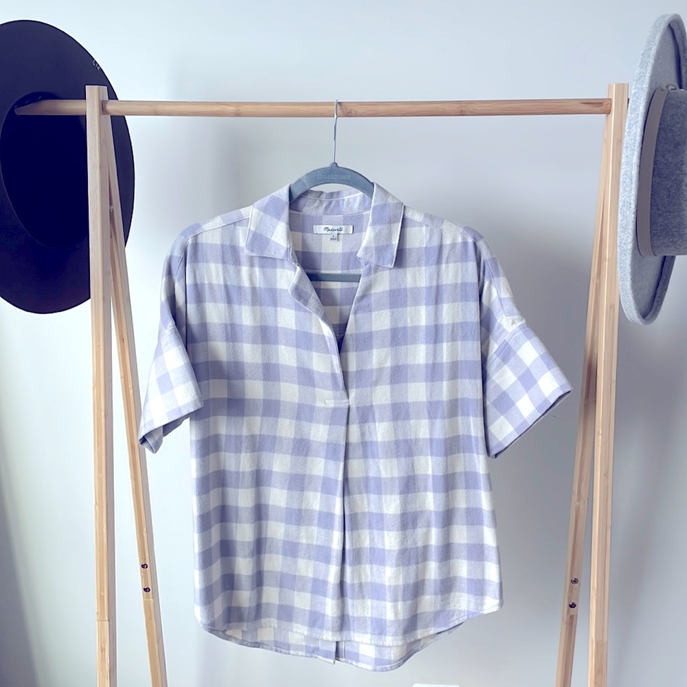 *SOLD* Madewell lavender Buffalo plaid short sleeve flannel, button back, size S